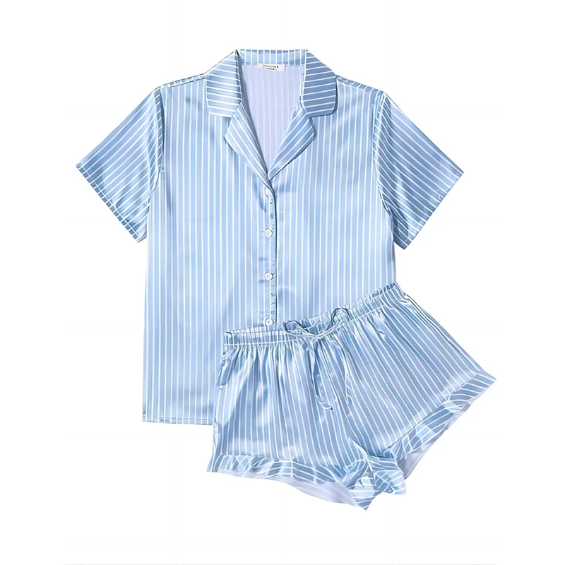Ling Blue Striped  Short Sleeve Sleepwear 2 Pcs Sweet Silk Pajamas Womens Satin Pjs S-XXL Shorts Set Button Down Loungewear