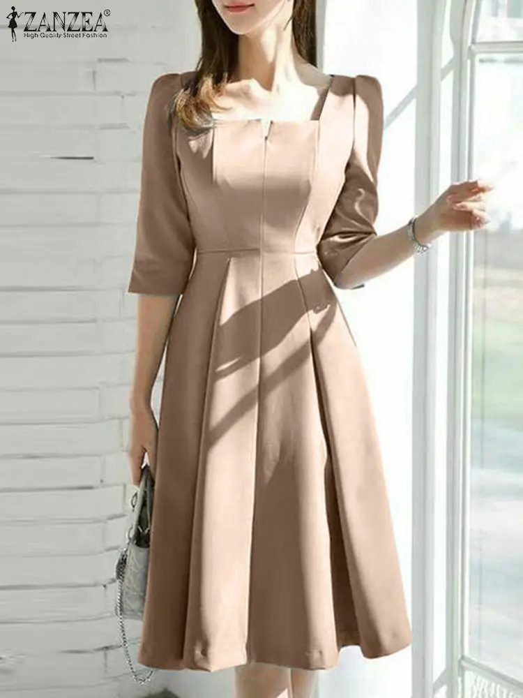 ZANZEA Fashion Summer Dress Women Half Sleeve Square Collar Sundress  Elegant Party Vestido Casual Solid OL Work Dresses Robe at Lanlins Apparel  Store in ali-express reviews-price-history