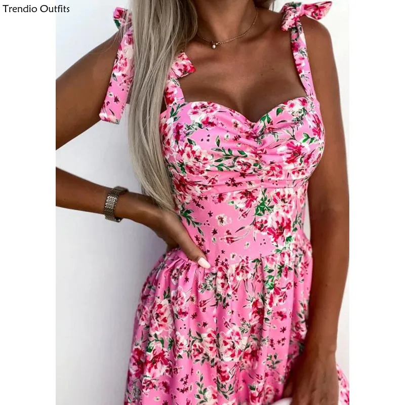 

Women's 2024 Summer Sleeveless Sexy Suspender Hem with Split Printes Fashion Asymmetrical Female Loose Women Party Floral Dress