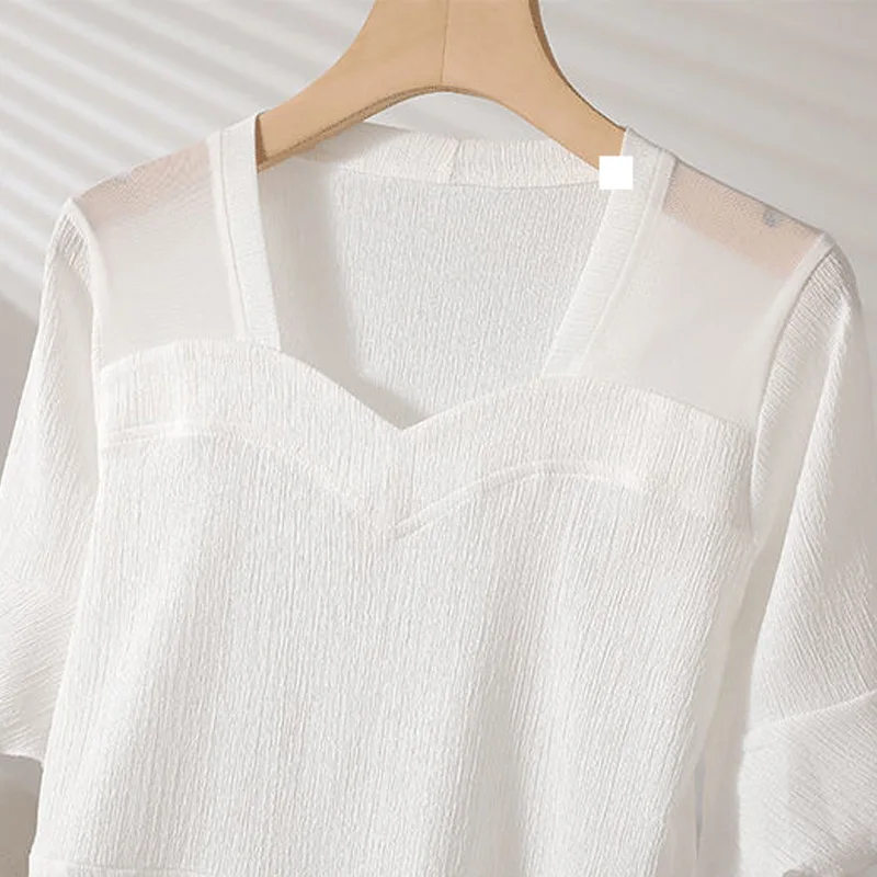 2023 New Summer Elegant and Gentle Style Square Neck Panel Mesh Ruffle Sleeves Wrap Up Waist Cover Belly Solid Texture Shirt