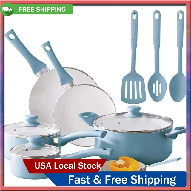 Mainstays Ceramic Nonstick Aluminum 12 Pieces Cookware SET Blue linen