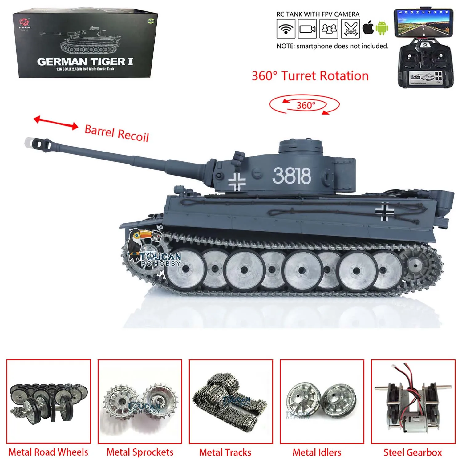 Pro Ver Heng Long Toucan 1/16 7.0 Tiger I Rc Tank 3818 Fpv Camera Barrel Recoil Metal Tracks Ruote Bbs Airsoft Ir Engine Sound