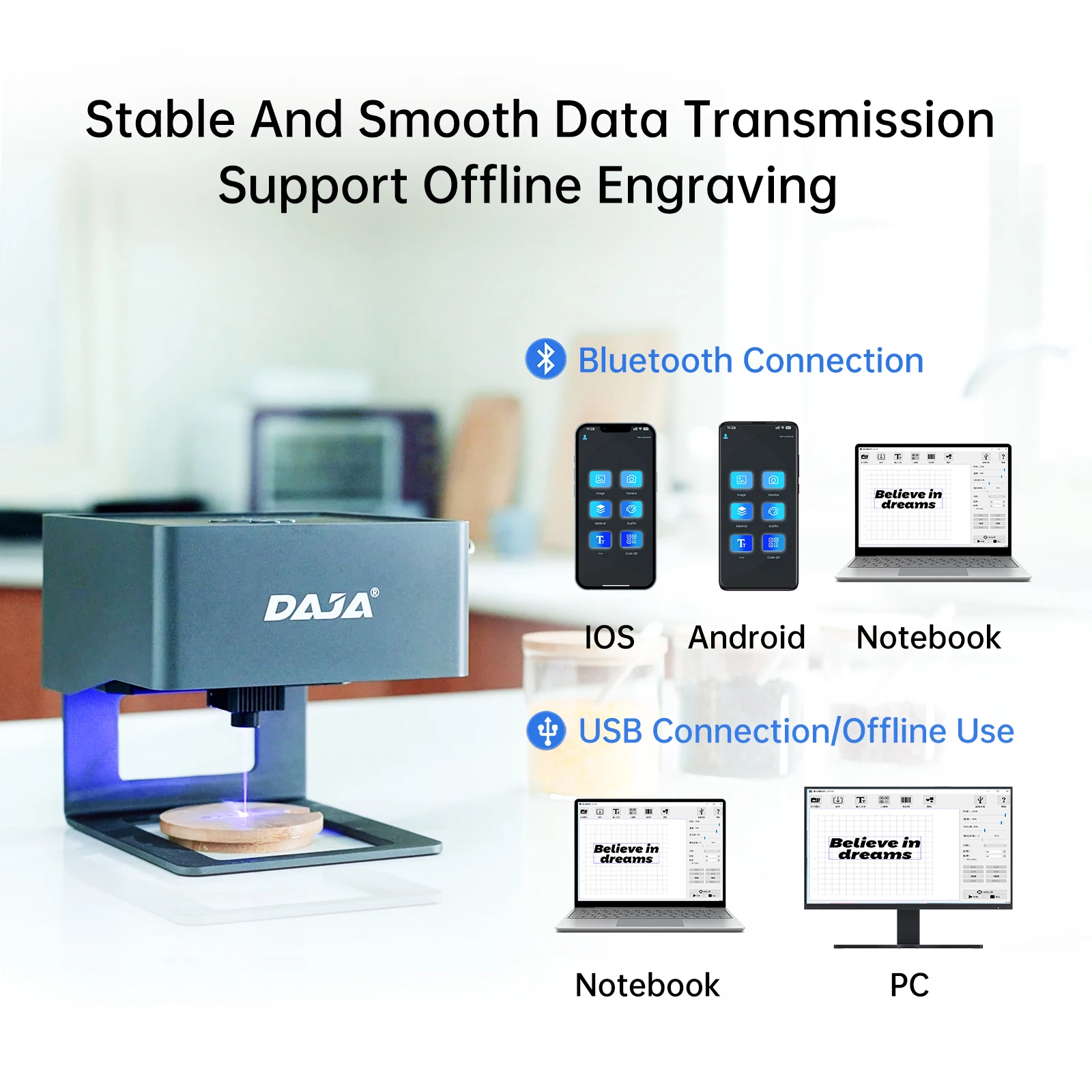 DAJA DJ6 آلة تحديد الشعار بالليزر لآلة وسم الأعمال الخشبية المنزلية تدعم التحكم اللاسلكي في تطبيق الهاتف المحمول BT