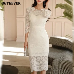 BGTEEVER Fashion Three Quarter Sleeve Women Skinny Lace Dress Autumn Winter O-neck Slim Waist Ladies Package Hip Backless Dress