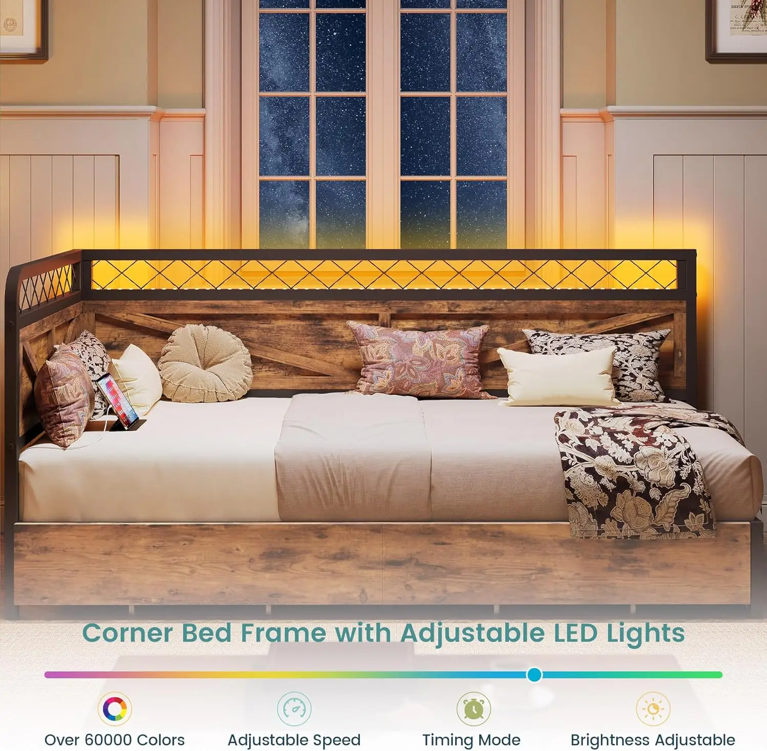 Twin Daybed with Storage Drawers, Corner Bed Frame with LED Lights and Charging Station