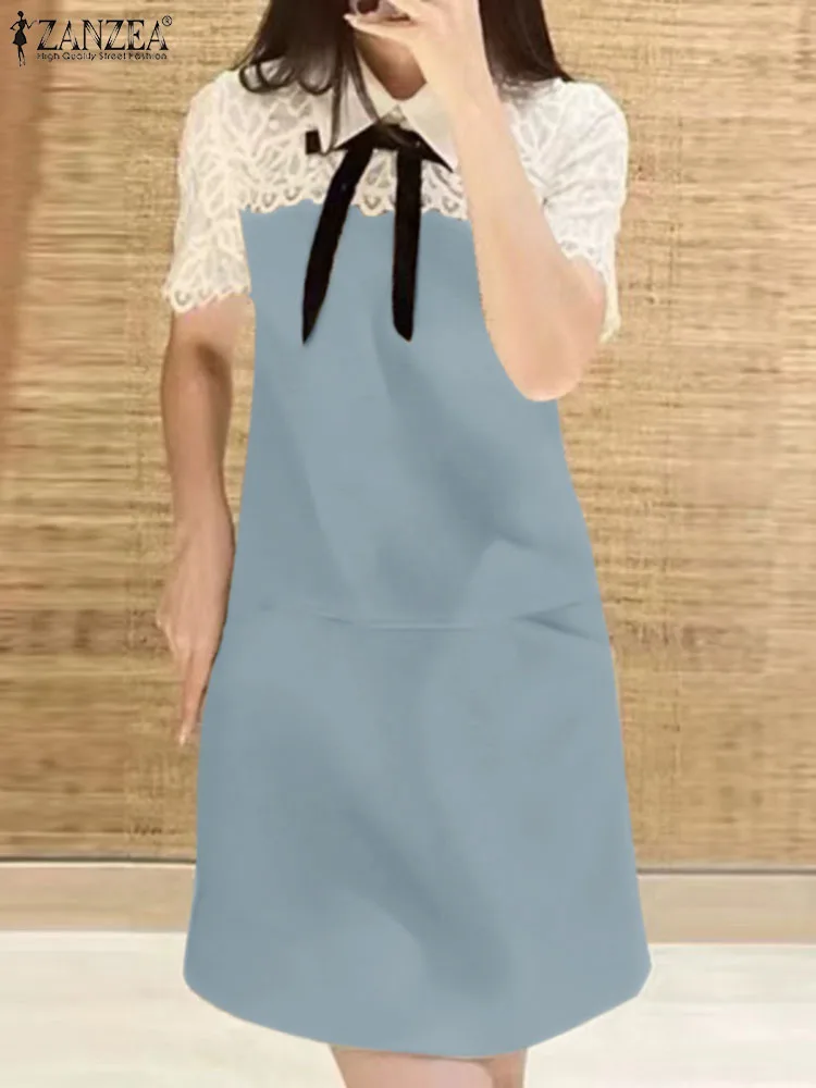 

Платье ZANZEA женское с бантом и лацканами, винтажное вечернее мини-платье с кружевом в стиле пэчворк, с коротким рукавом и карманами, лето 2024