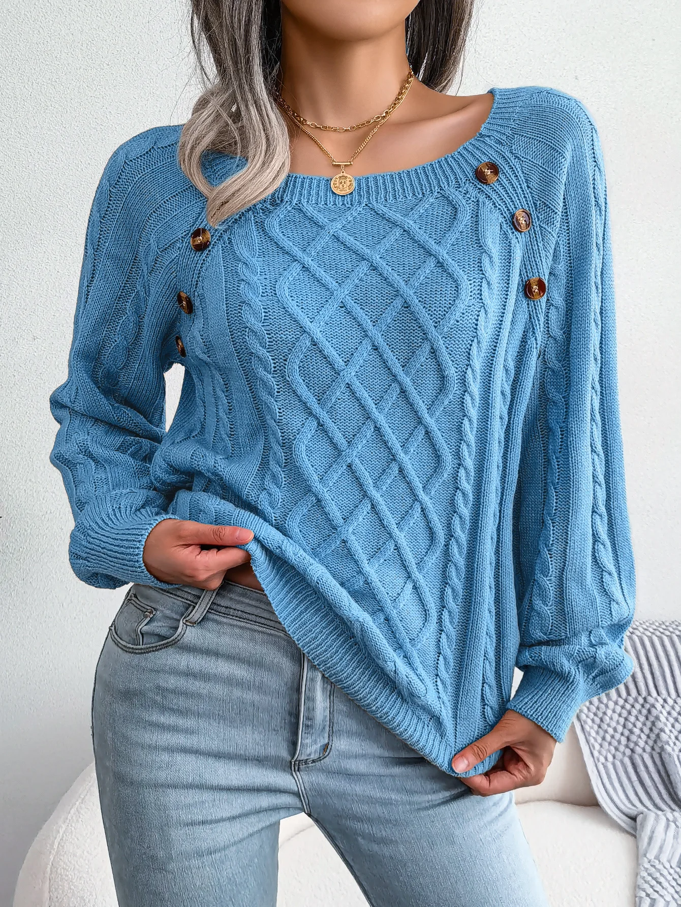 

Autumn and Winter New Casual Jumper Tops Square Neck Nail Button Fried Dough Twists Knitting Pullover Sweater Loose Women's Wear