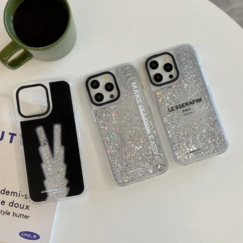 

Kpop Transparent Border Silver Quicksand Phone Case Cover for IPhone 12 13 14 15 Pro Max Case for IPhone 15 Pro Max