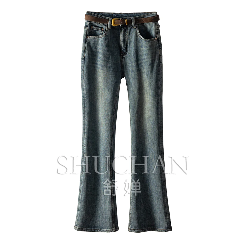 SHUCHAN 98% COTTON women jeans  Full Length  Do old  skinny  Flare Pants  High Street  Medium Strecth  Distressed