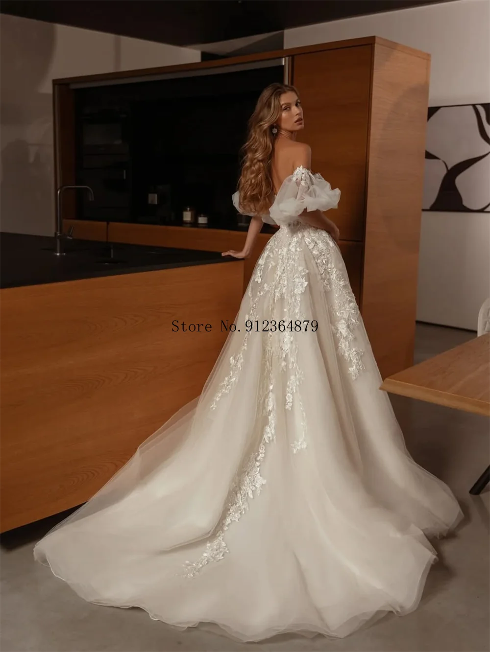 Customized Puff Sleeve Lace Wedding Dress A Line Floral Embroidery Tulle Bridal Dress For Sophisticated Bridal Ceremonies