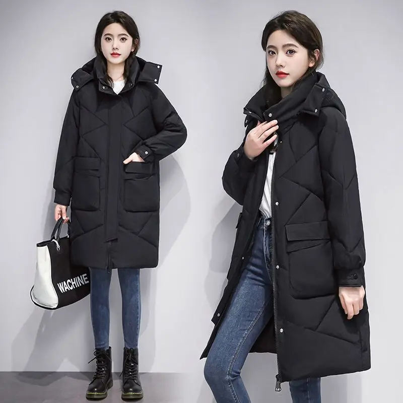 2023 New Women Down Jacket Winter Coat Female Mid Length Version Parkas Loose Thick Warm Outwear Hooded Leisure Time Overcoat