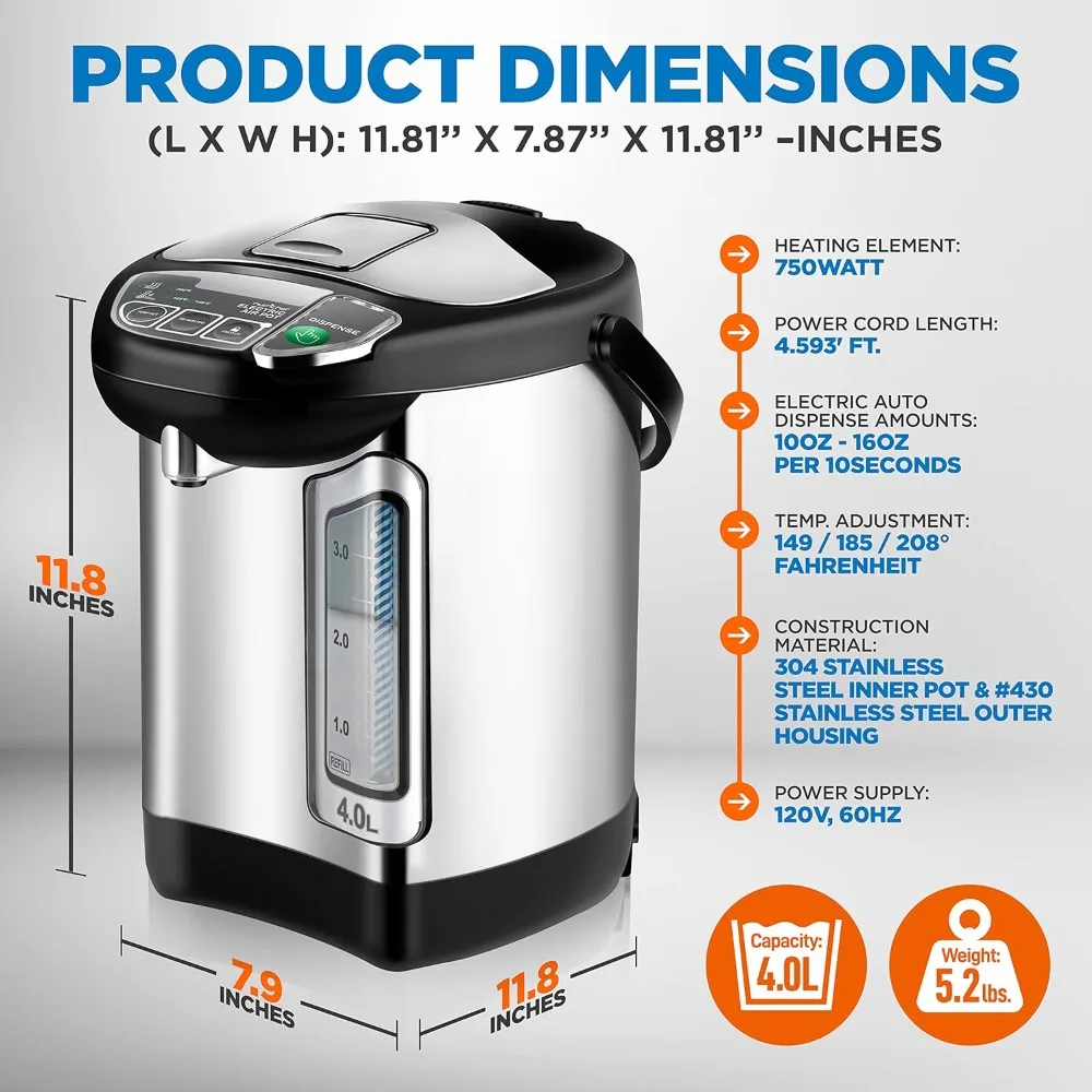 Electric Water Boiler and Warmer-4L Stainless Steel Hot Water Dispenser w/ Rotating Base, Auto Shut Off, Safety Lock,Household
