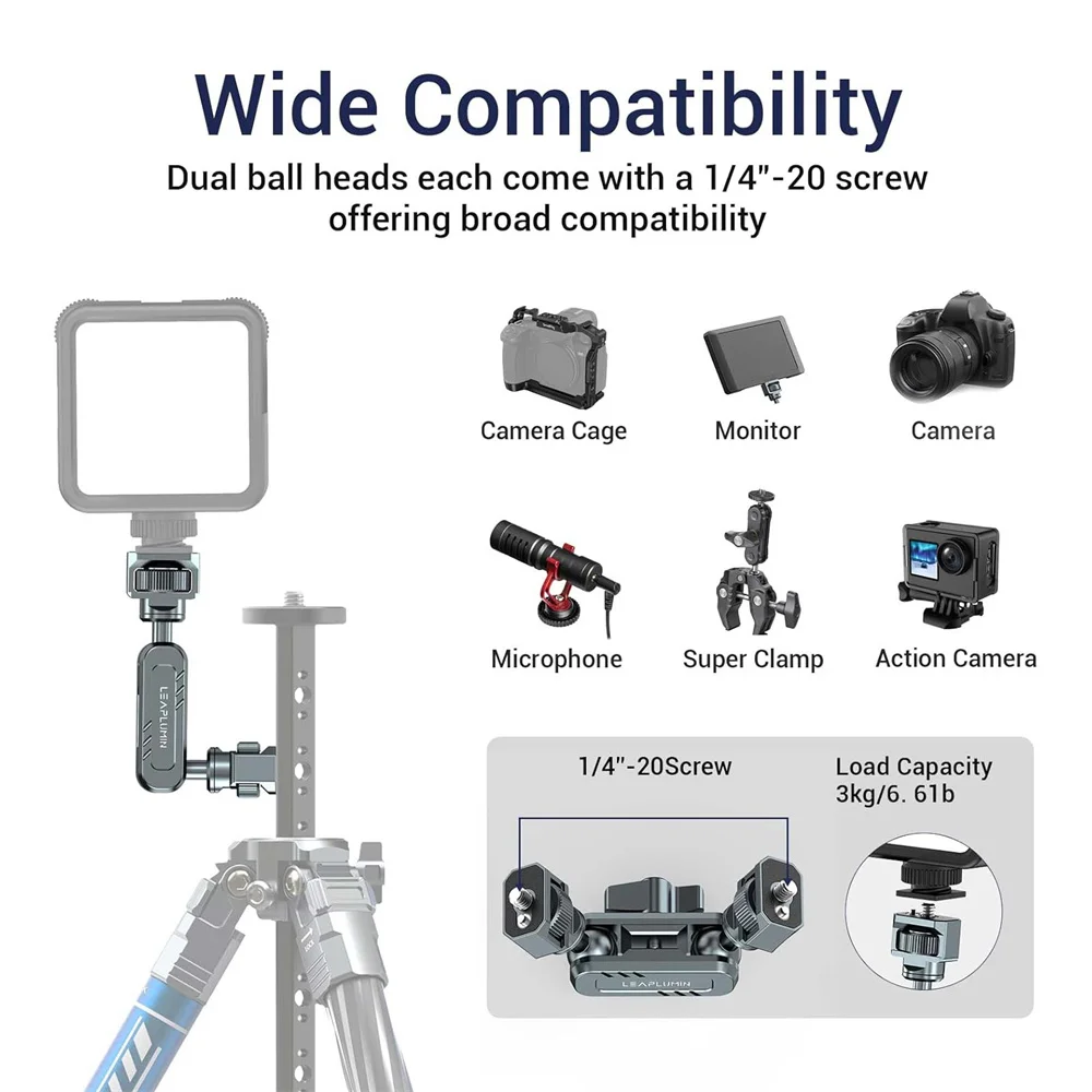 리프라이트 업그레이드 메탈 매직암 W 더블 볼 헤드 360 1/4'' 나사 연장 마운트 (DSLR 카메라 모니터 비디오 마이크 조명 삼각대용)