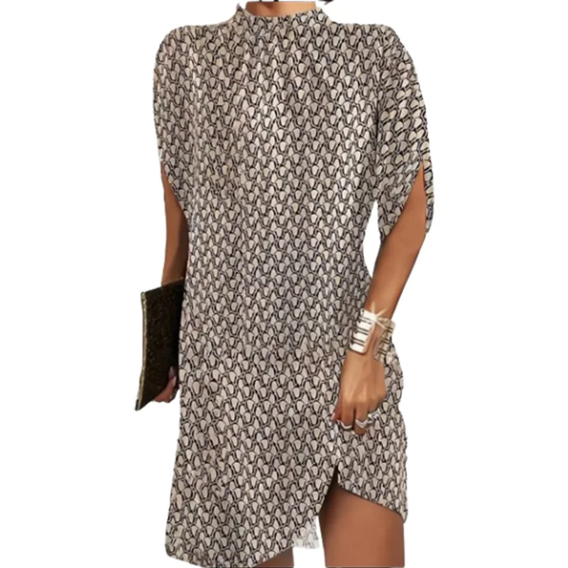 

2024 Fashion Printed Loose Dress Women's Round Neck Bat Sleeves Summer White Mini Dress
