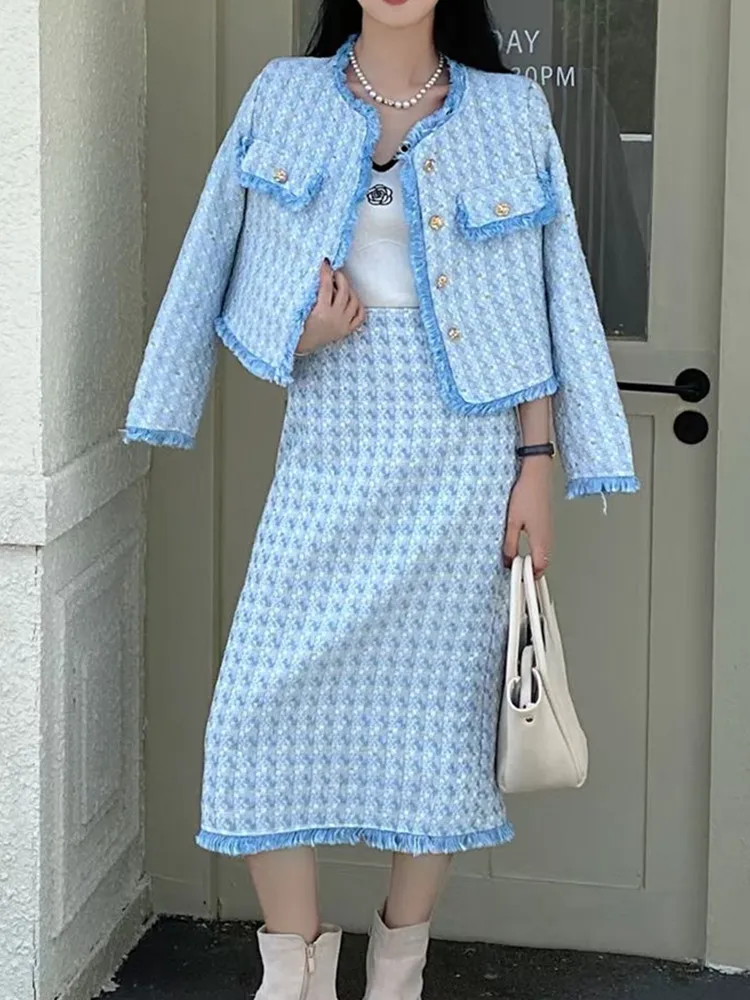 

High Quality Small Fragrance Two Piece Set Women Tweed Jacket Coat + Ladies Woolen Long Skirt Suits Luxury Runway 2 Piece Set