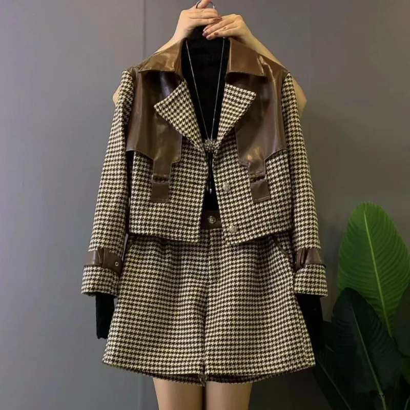 Autumn Winter Women's Patchwork Leather V-neck Long Sleeved Plaid Coat Fashion High Waist Shorts Button Versatile Two-piece Set