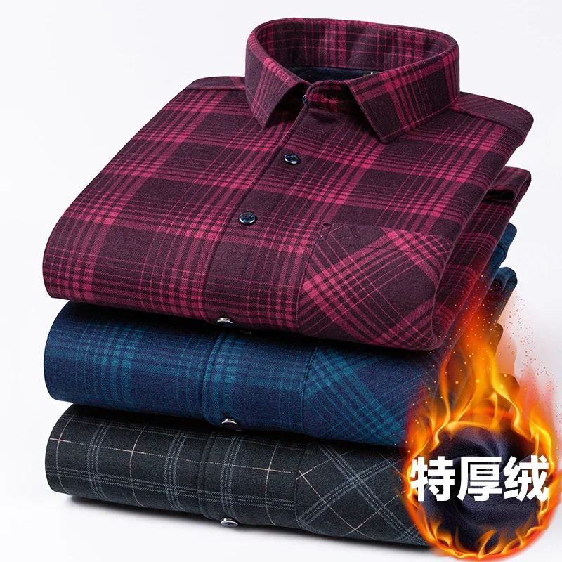 2023 High-quality Autumn and Winter New Men's Double-sided Fleece Plaid Lined with Fleece Thickened Shirt Korean Fashion Version