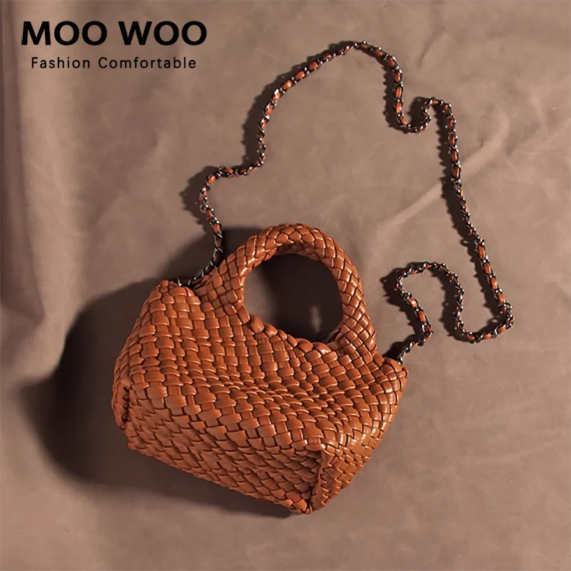 

MOOWOO New Simple PU Leather Woven Mini HandBag Women Summer Crossbody Tote Bag Fashion Bucket Beach Shoulder Chain Bags Purses