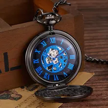 

Vintage Steampunk Skeleton Mechanical Blue Roman Numbles Pocket Watch Men Women Necklace Pocket Fob Watches Chain Clock For Male