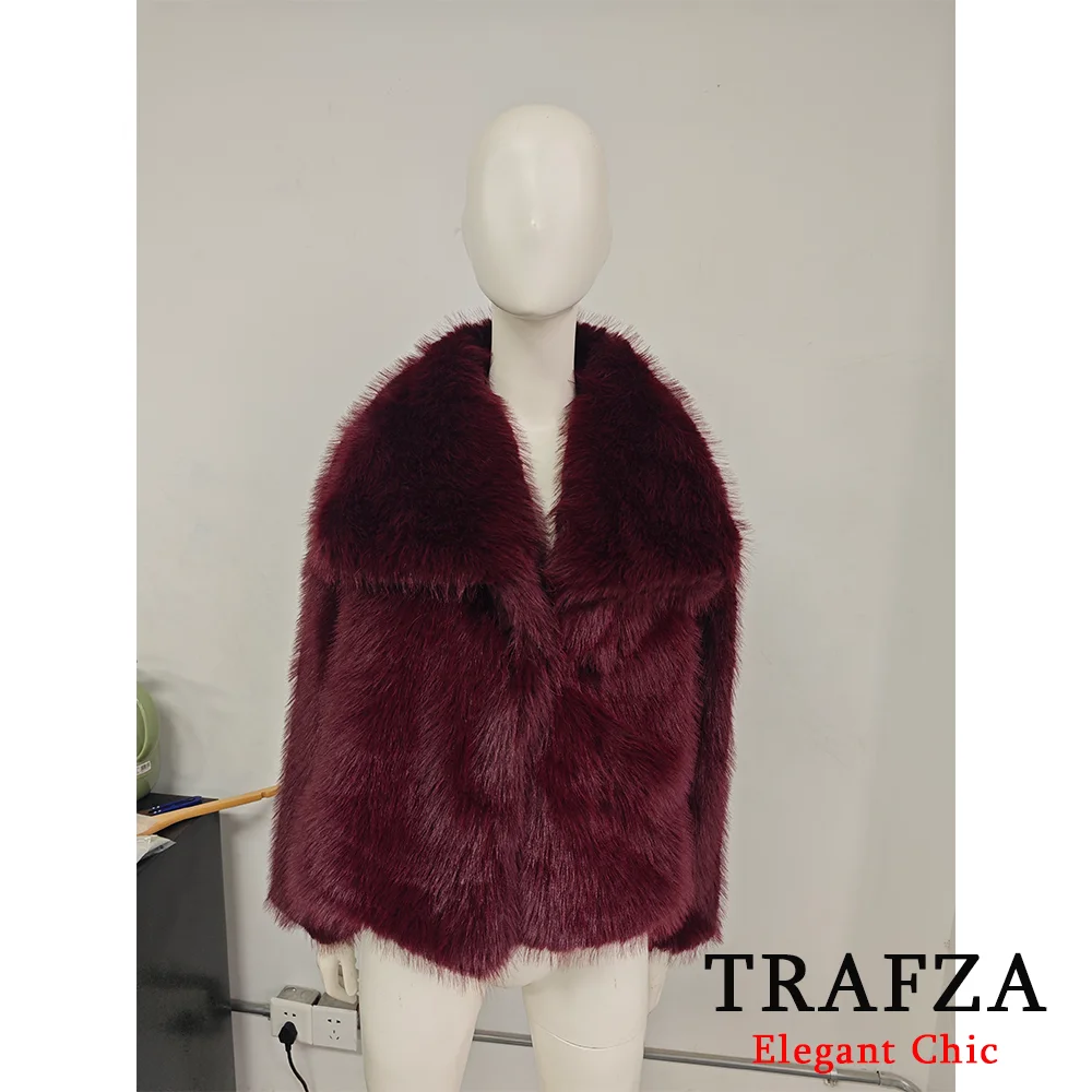 TRAFZA-Women Fashion Winter Solid  Big Lapel Coat Faux Fur Coat Jacket New 2025 Autumn Winter Slouchy Burgundy Black Gray Coat 6