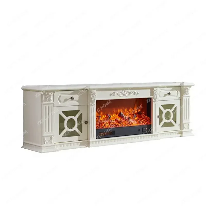 

TV Cabinet Living Room Solid Wood Background Wall Decorative Cabinet Carved French Fireplace Cabinet Simulation Flame