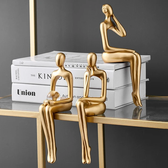 Statue abstraite de penseur, sculpture de figure, petits ornements, statue de résine, décor de bureau d'or à la maison 5