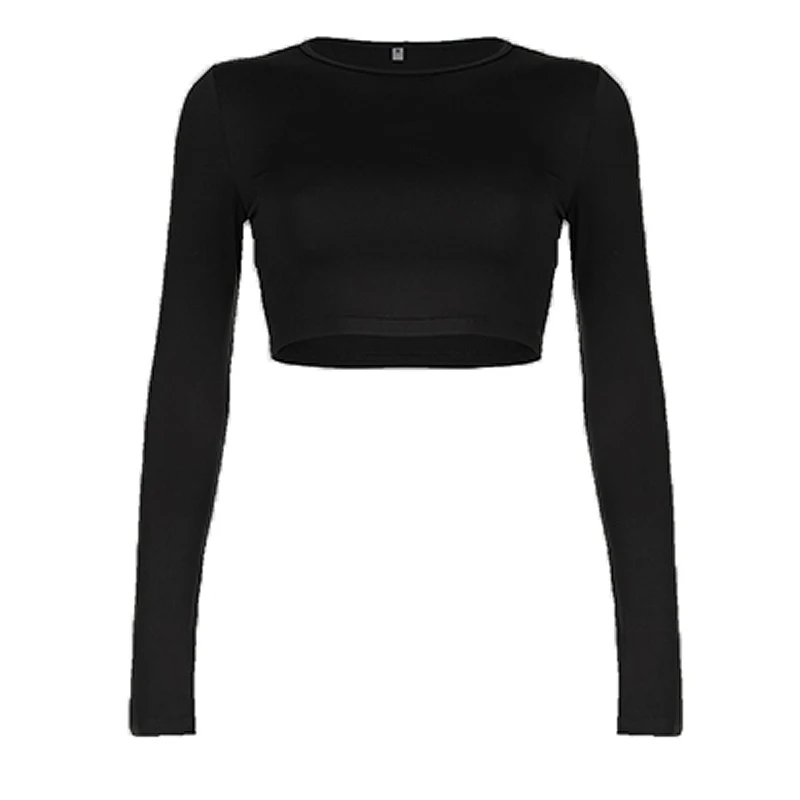 Solid Long Sleeve Crop Top Autumn Casual All Match Fitted T-shirt Basic Ladies Y2K O-neck Tee Sporty Minimalist