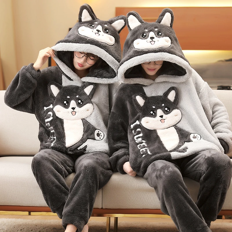 Anime Cat Winter Couple Pajamas Set Thicken Women Men Pajama Sleepwear Cartoon Soft Warm Lovers Adult Homewear Hoodies Pyjamas