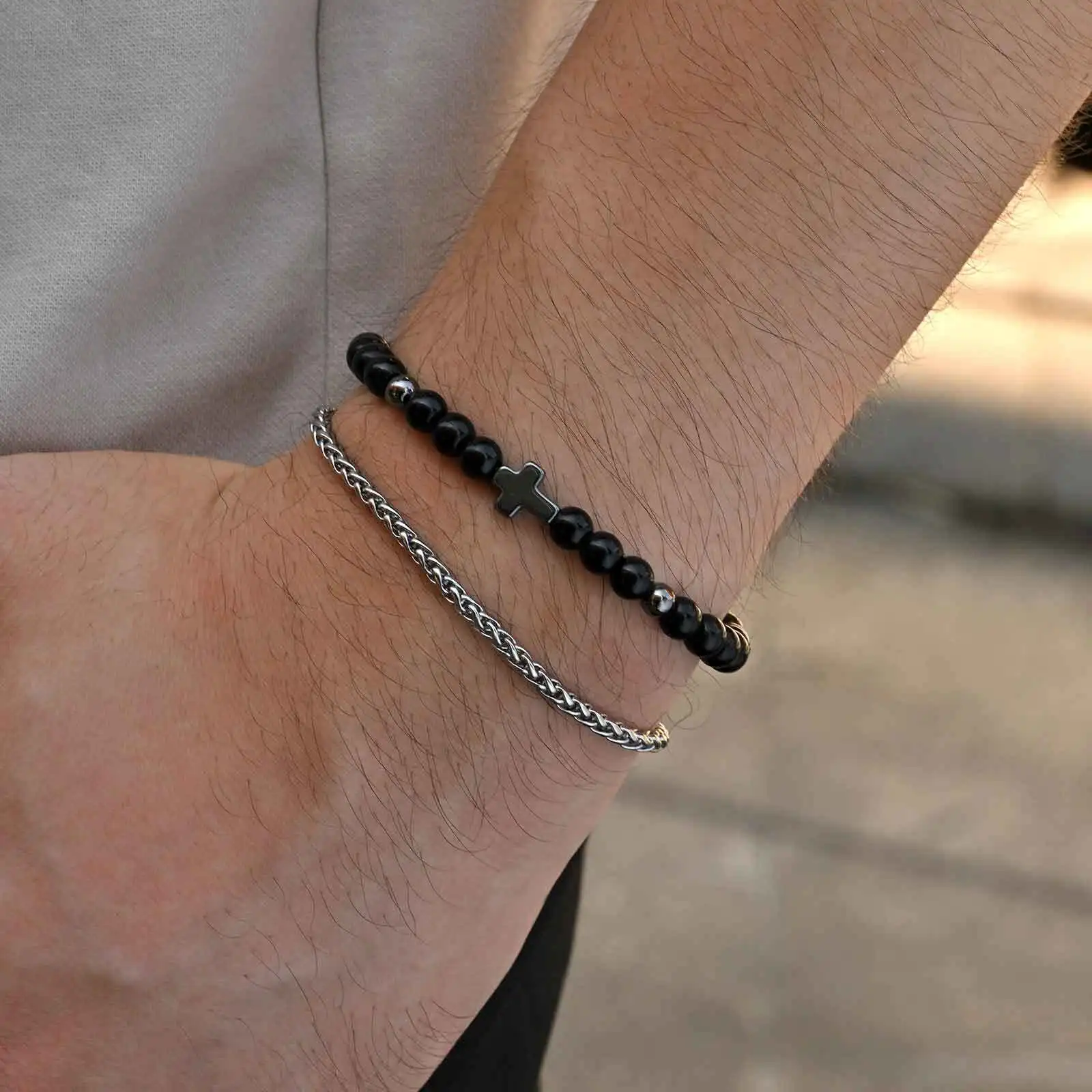 Stacked Bracelet for Men Boys,Cross Charm Black Natural Bead Adjustable Wristband,Birthday Party Gift for Him