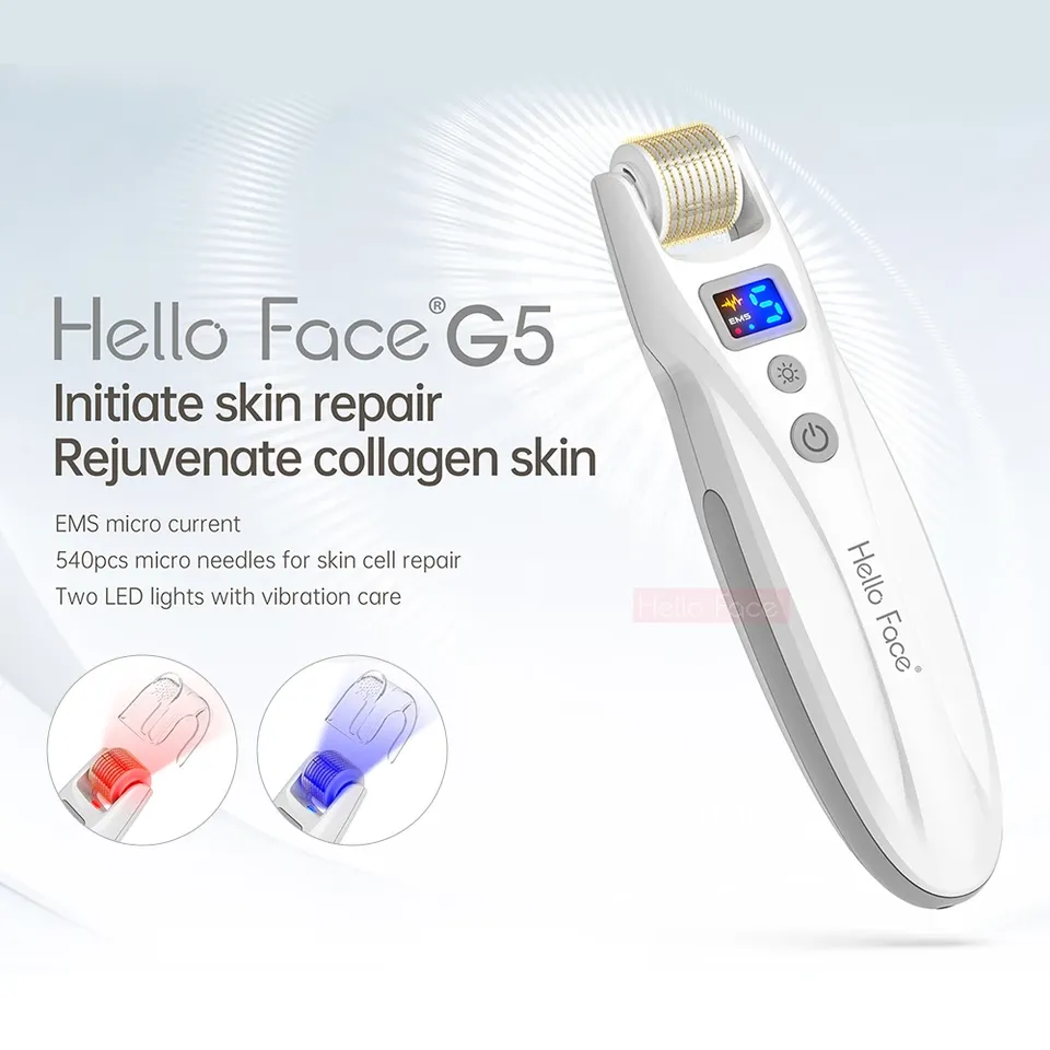 Hello Face Derma Roller G5 Bio Roller G5 Microneedling Red Light Therapy 540 Roller EMS Facial Machine Hair Beard Regrowth Tool