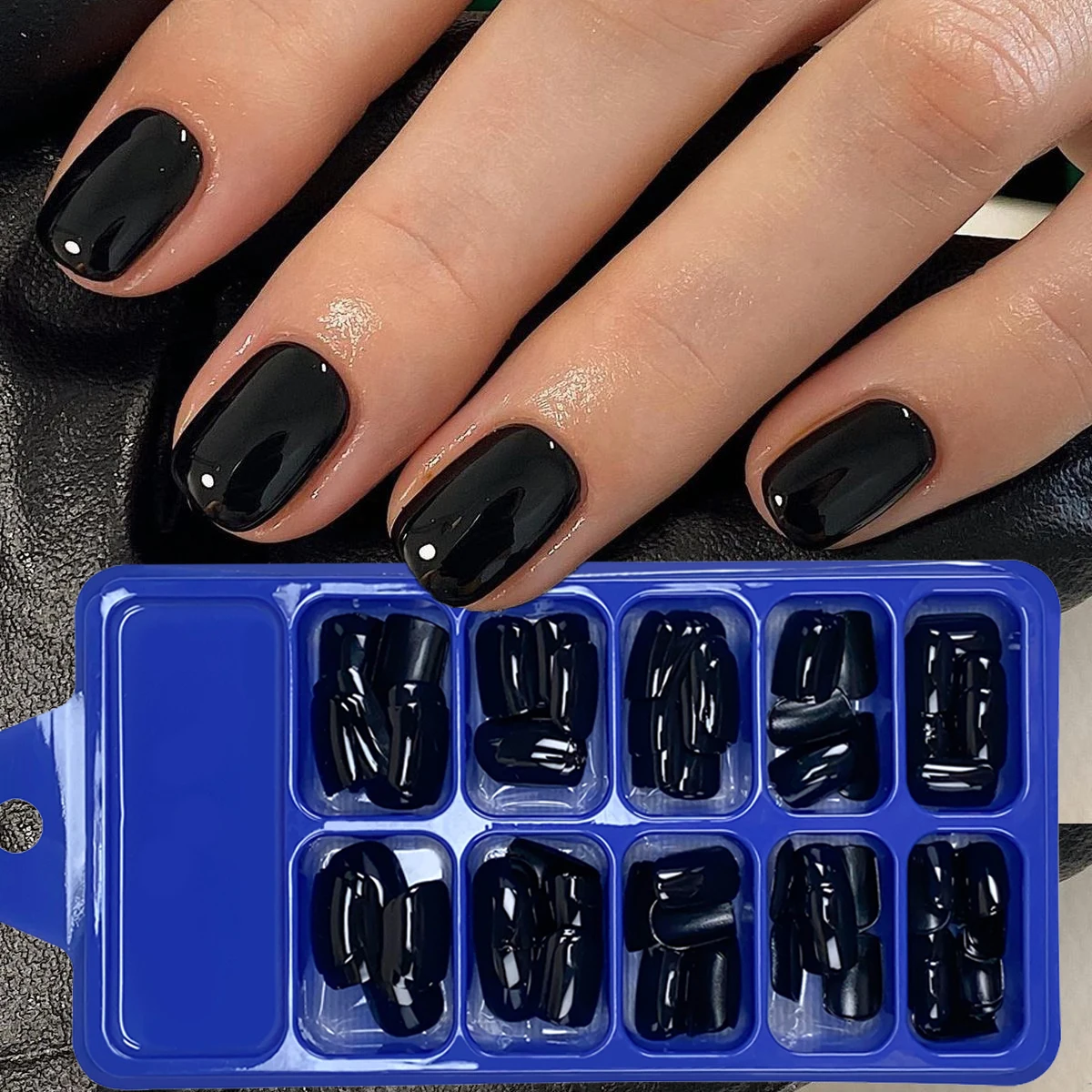 120개/박스 광택 블랙 짧은 사각형 인조 손톱 단색 블랙 아크릴 가짜 손톱 프레스온 네일 블랙 사각형 매니큐어 팁