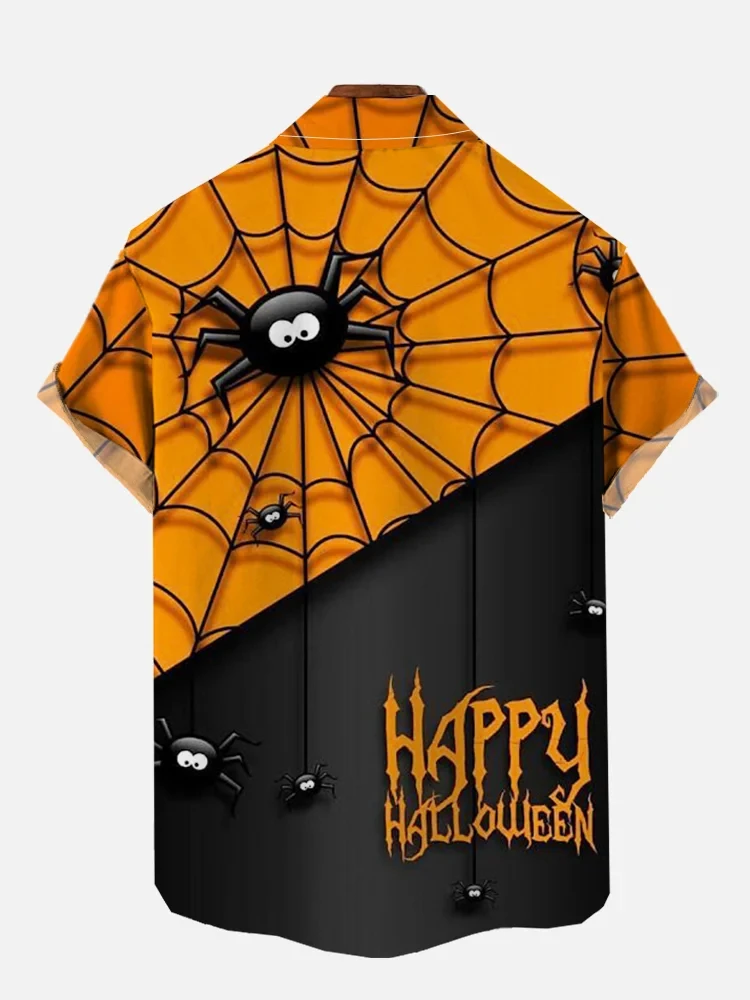 2024 New Men's Casual Shirt Short Sleeve 3D Printed Halloween Spider Web Printed Single Breasted Shirt Men's Loose Clothes 2