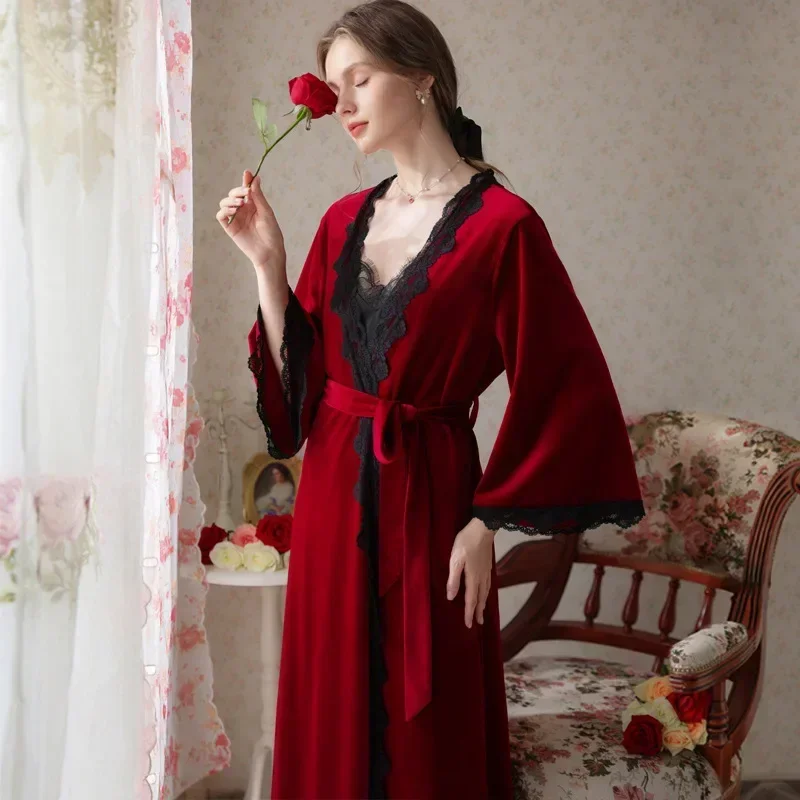 

Романтические бархатные халаты, женская ночная рубашка из двух предметов, осенне-зимняя одежда для сна, пеньюар, ночная рубашка и халат