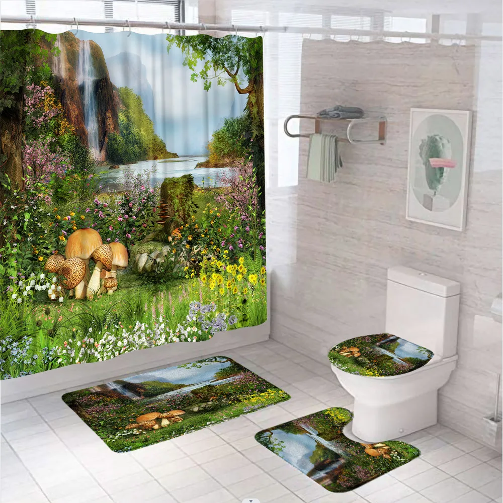 

Fantasy Scenery Waterfall Shower Curtain Set Forest Mushroom Flower Lake Bathroom Curtain Non-Slip Bath Mat Rug Lid Toilet Cover