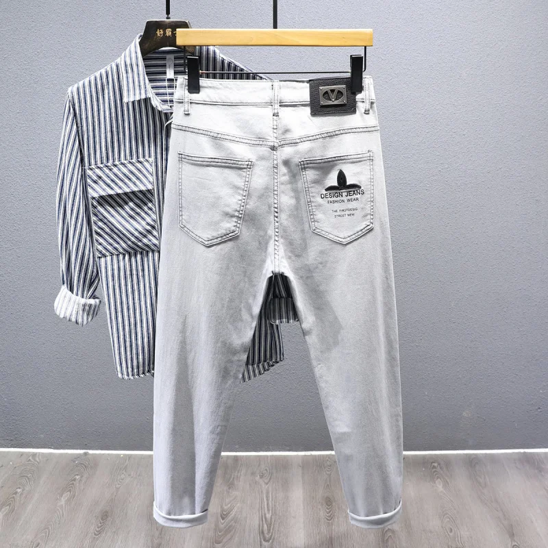 Men's Smoke Gray Jeans 2025 Spring Fashion Trendy Street Style Versatile Slim Fit Stretchy Skinny Pants 5