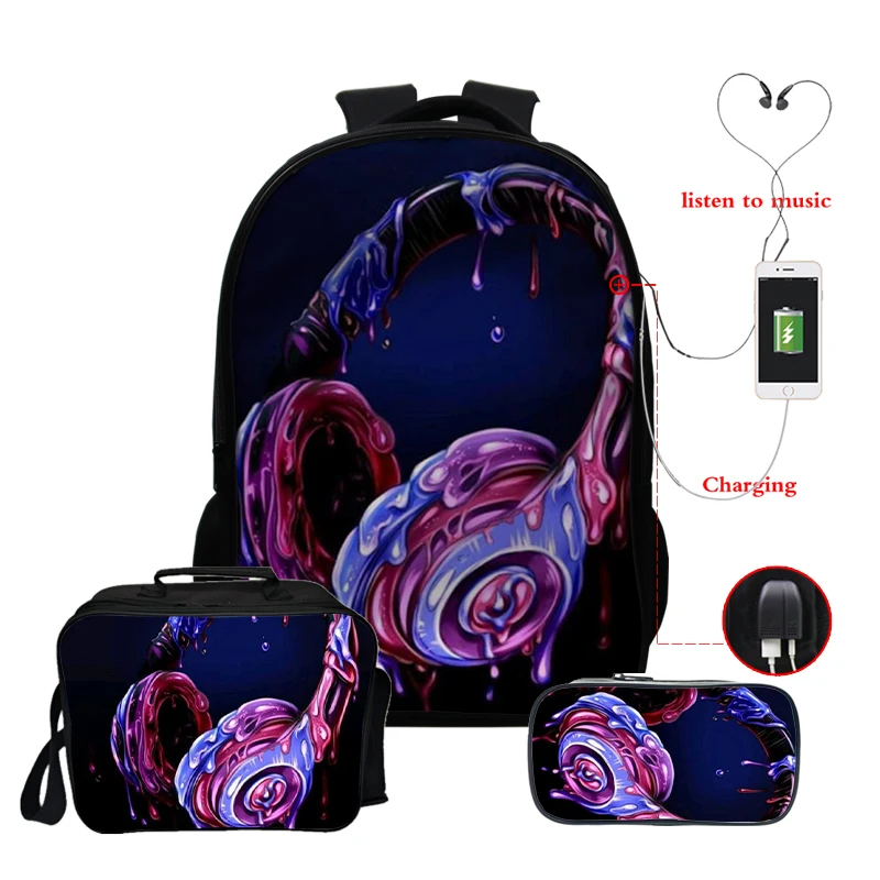 

3D Color earphones backpacks student School Rucksack Eco Thermal Bags child penbag mochila hombre school bags for teens girl boy