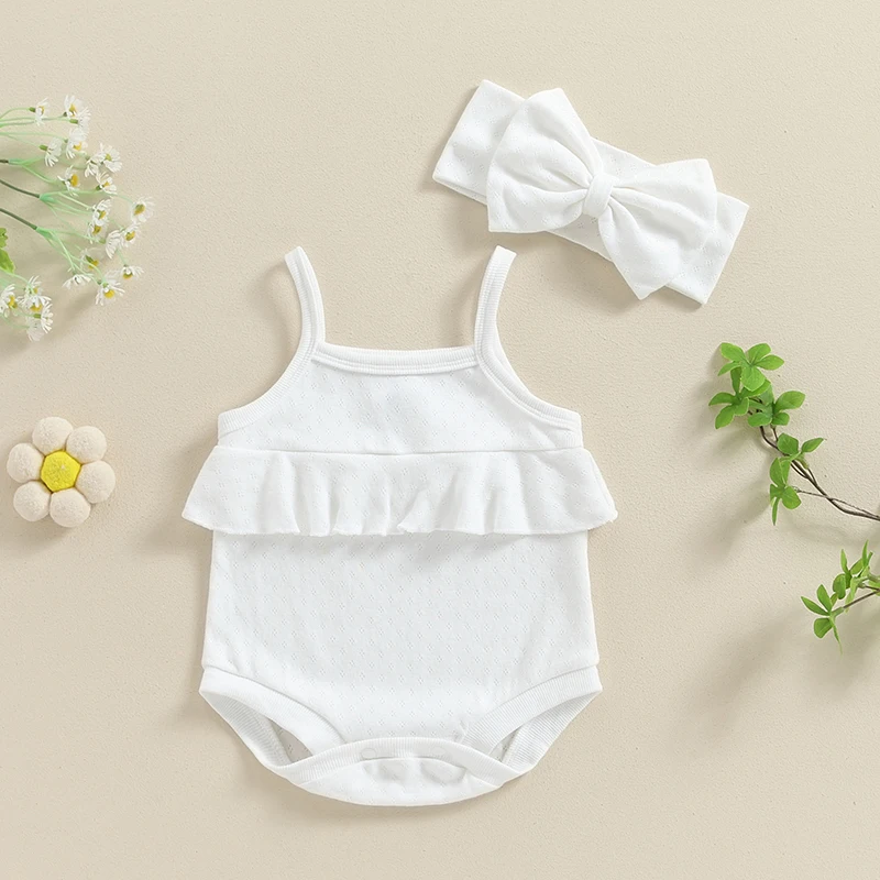 

Newborn Baby Girl Clothes Knit Ruffles Spaghetti Strap Romper Jumpsuit Bodysuit Overalls Summer Outfit