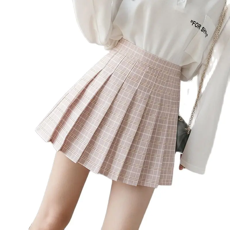 2021 Quality Summer High Waist Women's Skirts Aline Plaid Pleated Skirt With Shorts Women Cute