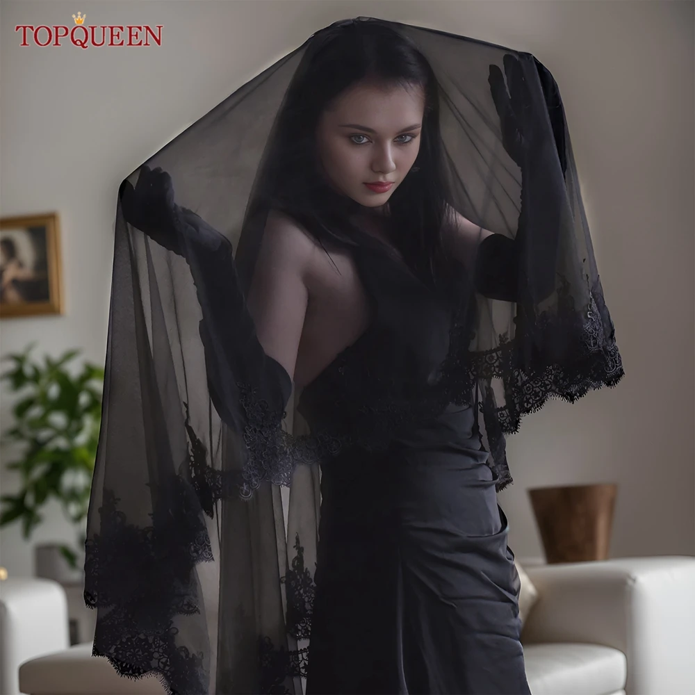 Double Layers Black Lace Edging Veil Halloween Collection Black Blusher Accessory Velo Negro Encaje Mantilla V224 Bridal Veil Catholic Church Veil