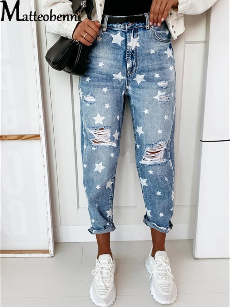 2021 Autumn Boyfriend Jeans Woman Slim Hole Jeans For Ladies With Five-Pointed Star Ripped Jeans Street Casual Blue Denim Pants