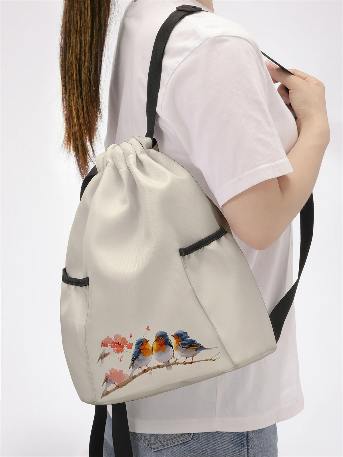 Bird Pattern Drawstring Backpack - Large Capacity Durable Fitness Bag, Adjustable Shoulder Straps, Sports Beach Backpack