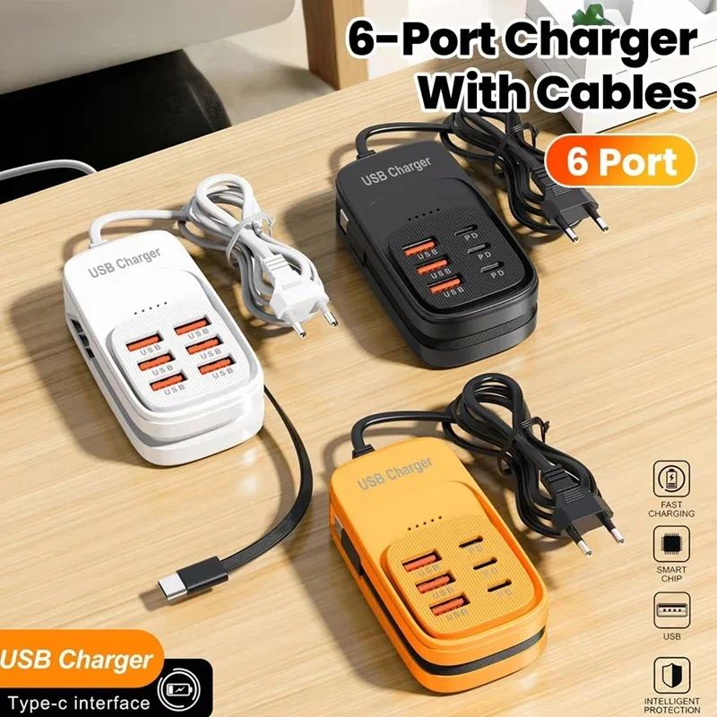 Fast USB Charger 6-in-1 Power Strip Desktop Charging Station With Fast Charging Cord EU/US Plug USB HUB Adapter 3PD 3USB Socket