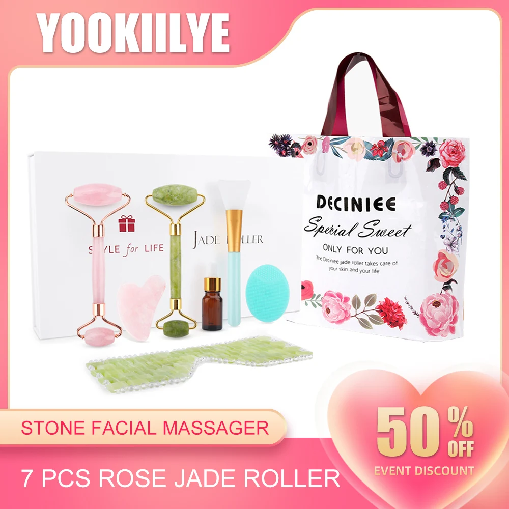 

Gift Set 7Pcs Rose Jade Roller Gua Sha Set Natural Crystal Stone Facial Massager Body Slimming Roller Beauty Tool For Skin Care