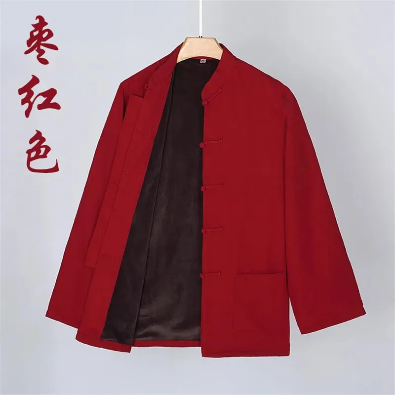 Tang Suit Men Coat Autumn Winter Hanfu Pocket Stand Collar Jacket Disc Buckle Solid Outerwear Chinese Clothes