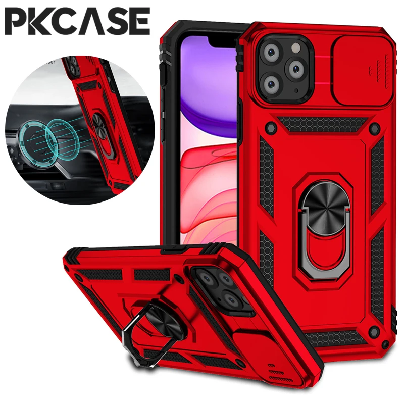

PKCASE Shockproof Push Window Phone Case For iPhone 13 12 11 Pro Max 6 7 8 SE 2022 6Plus 7Plus XS XR Magnetic Ring Holder Cover