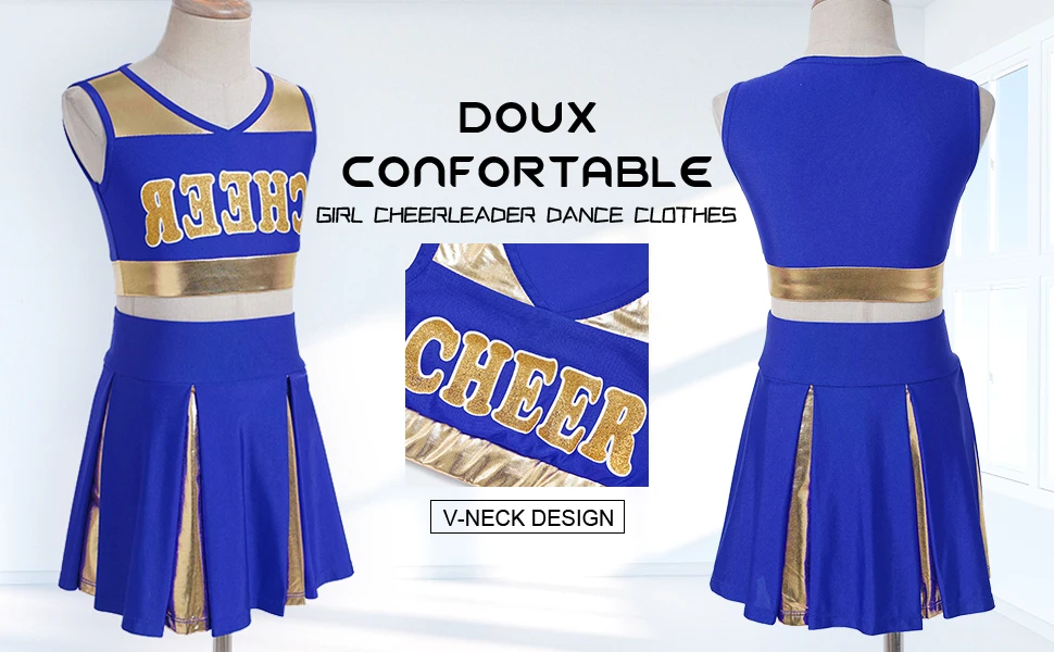 Description Picture 3 of itemKids Girls Cheerleading Uniform Summer Cheer Leader Dance Costume Set Sleeveless V-Neck Letter Print Crop Top with Skirt Clothes
