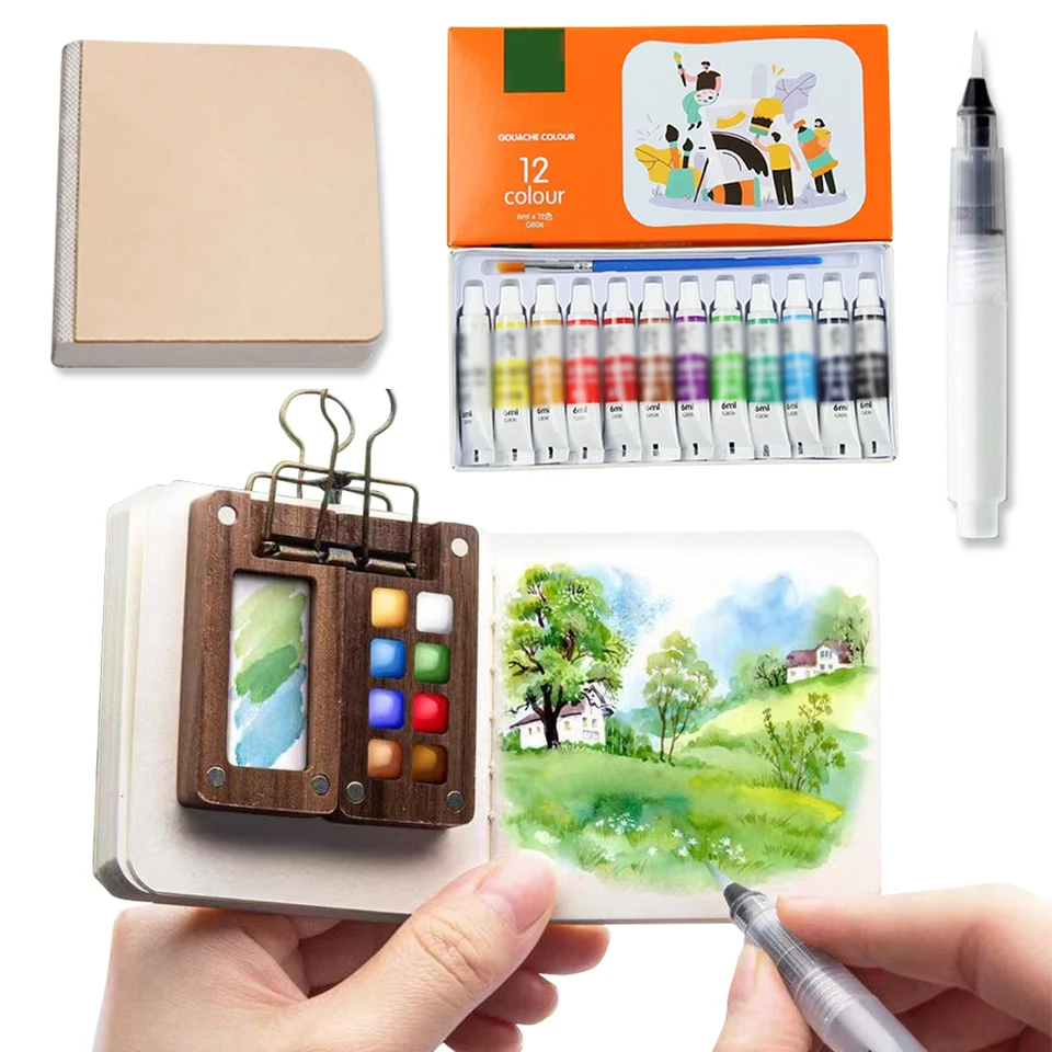 Portable Gouache Paint Palette With 15 Colours In Walnut Box_voghion.com