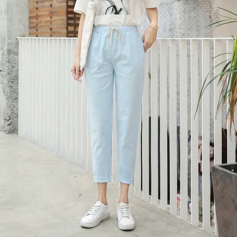 Casual Pants Women High Waist Spring Summer 2022 Linen Cotton Black Khaki Ankle Length Harem Solid Drawstring Womens Pencil Pant nike capri Pants & Capris