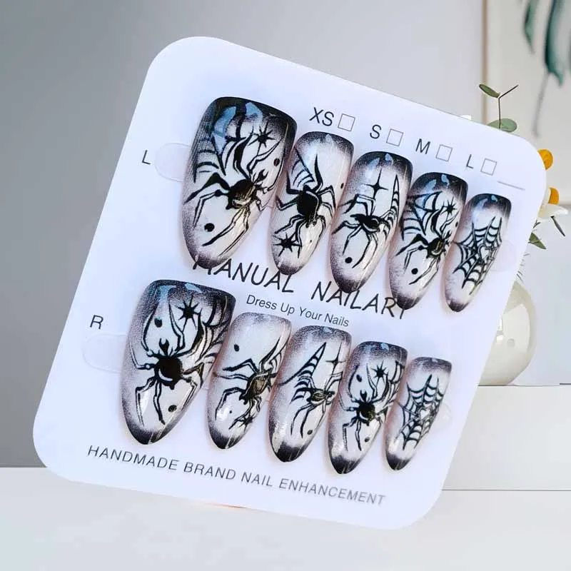 10Pcs Halloween Short Almond Shape Atmosphere Clown Black and White Ghost Spider Press on Nails Nail Patch False Nails Nails Art