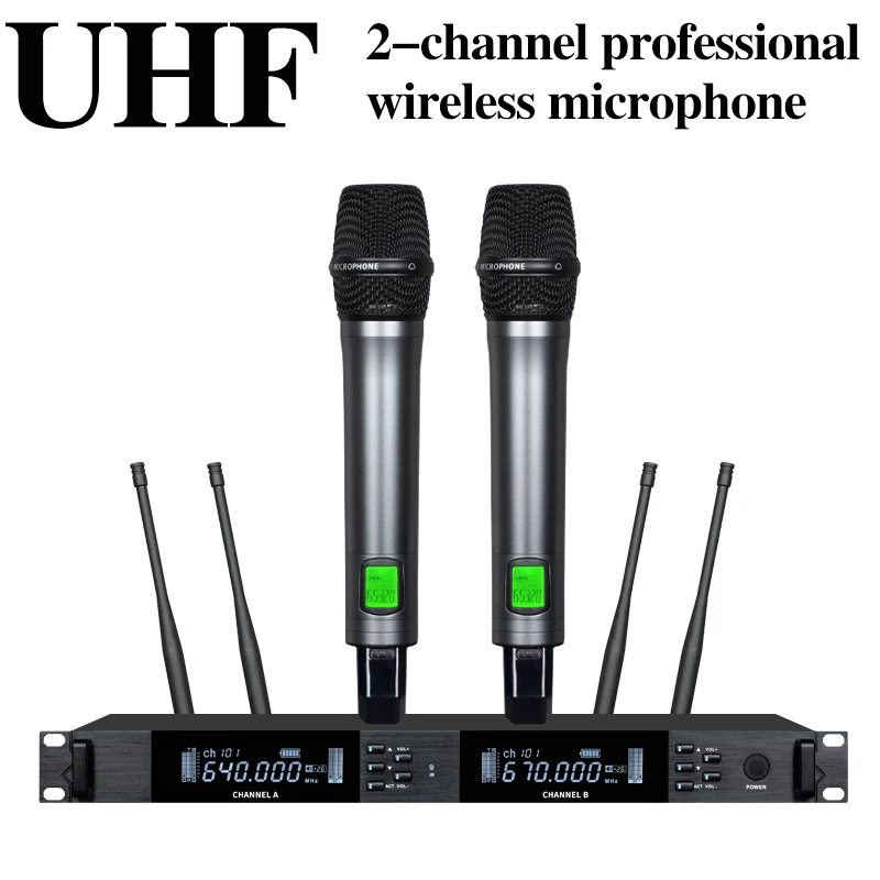 Microfono wireless professionale UHF Microfono per conferenze per spettacoli di nozze da palco per karaoke portatile in metallo a 2 canali - Image 6